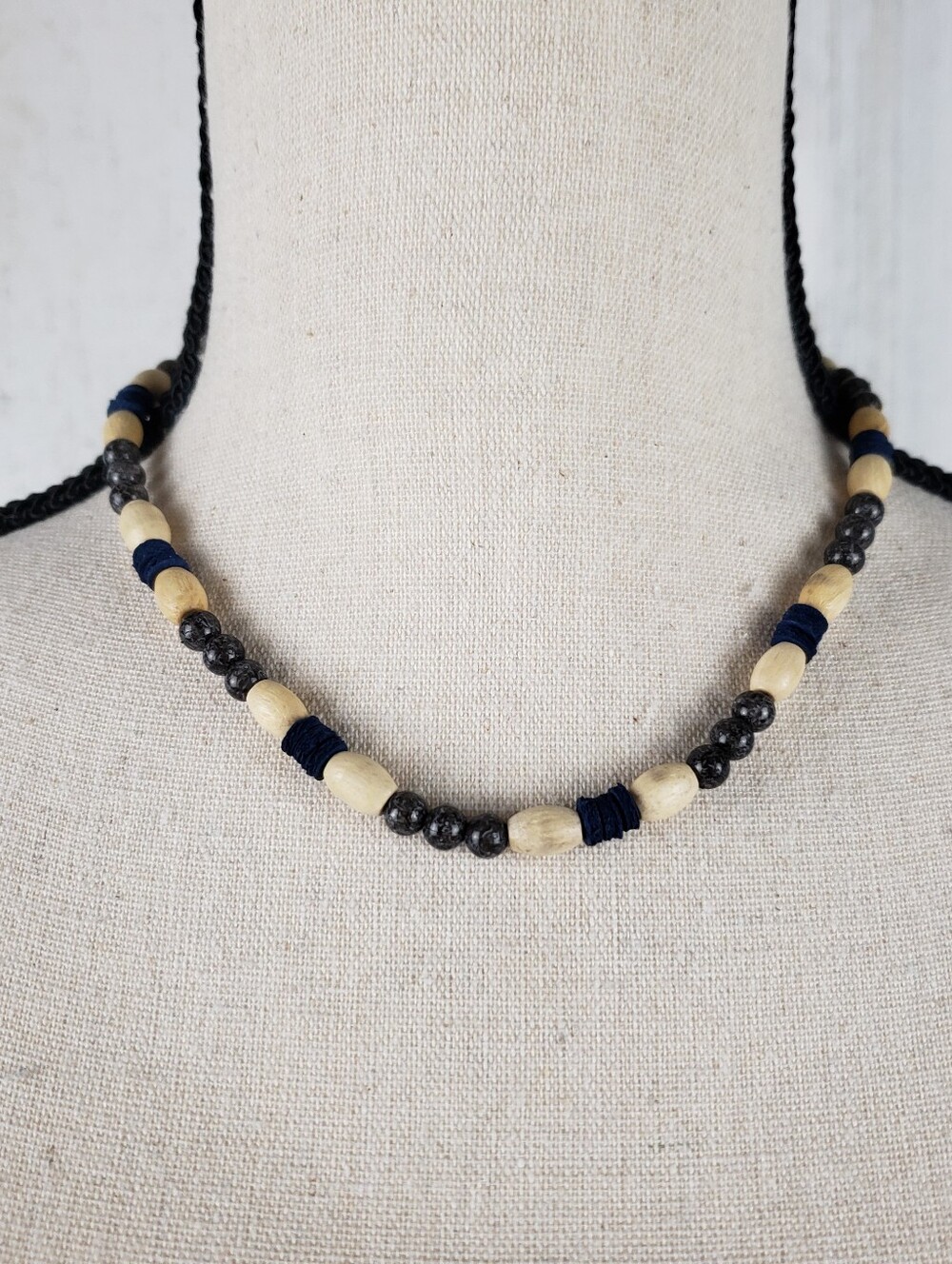 Neutral Bead Necklace with Navy Accents